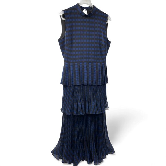 Club Monaco Pleated Tiered Blue Tartan Plaid Maxi Midi Dress Women's Size 4 - Picture 3 of 13